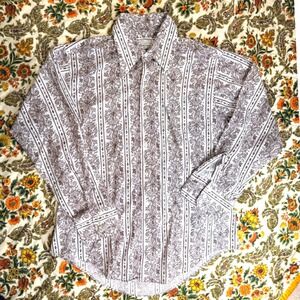 VTG Poly/Cotton Mens Button Down Shirt Jewel Press Brown Paisley Dagger Collar